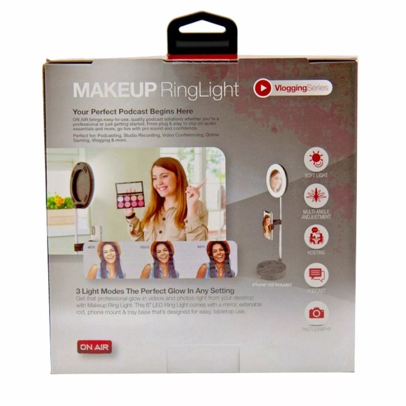 Makeup Ring light 6 inch LED w/mirror, extendable rod, phone mount & Tray base - Picture 2 of 3